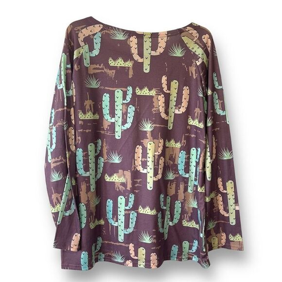 Miss‎ Look Women's Cactus Print Long Sleeve Bateau Neck Blouse Top  2XL - Picture 2 of 7